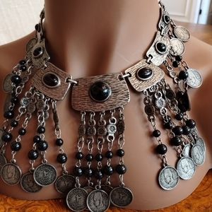 Bohemian Coin Charm Necklace with Black Gem Accents